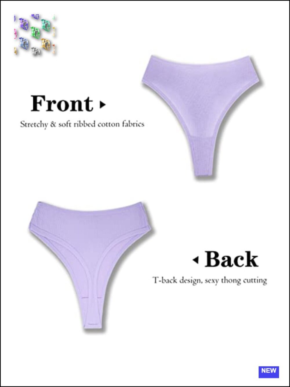 High Waist Ribbed Cotton Thong No Show Underwear Tummy Control - Picture 5 of 6